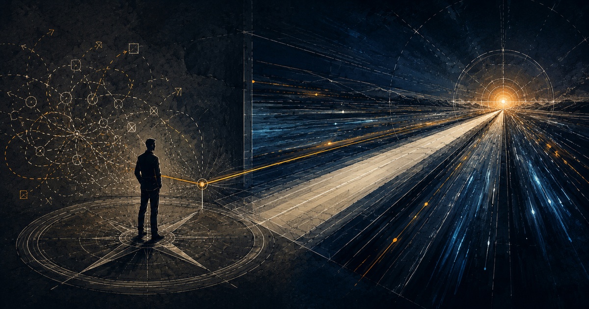 A person choosing between tangled possibilities and a focused path toward a bright destination