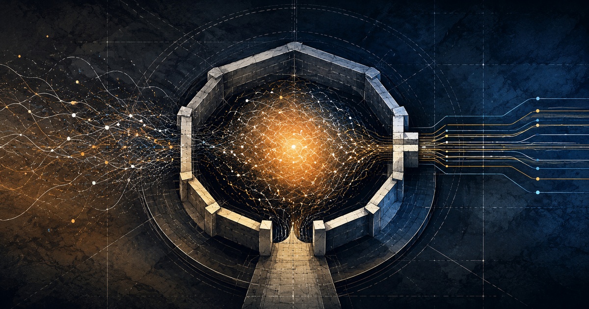 A glowing, unpredictable network contained within a protective engineered boundary with orderly output lines